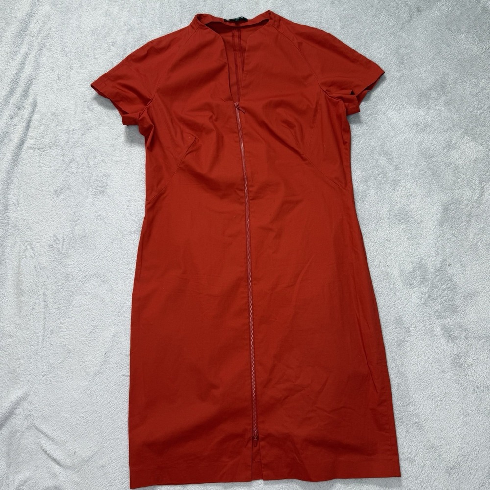 Lafayette 148 New York Womens Size 14 Red Zip Front Sheath Dress Stretch Cotton